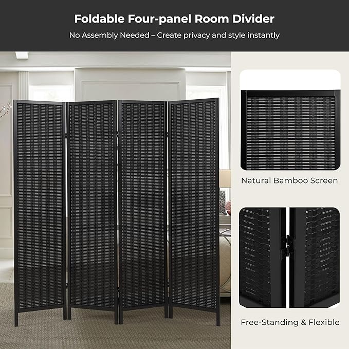 Roundhill Furniture Inkwell 4-Panel Bamboo Room Divider, Folding Portable