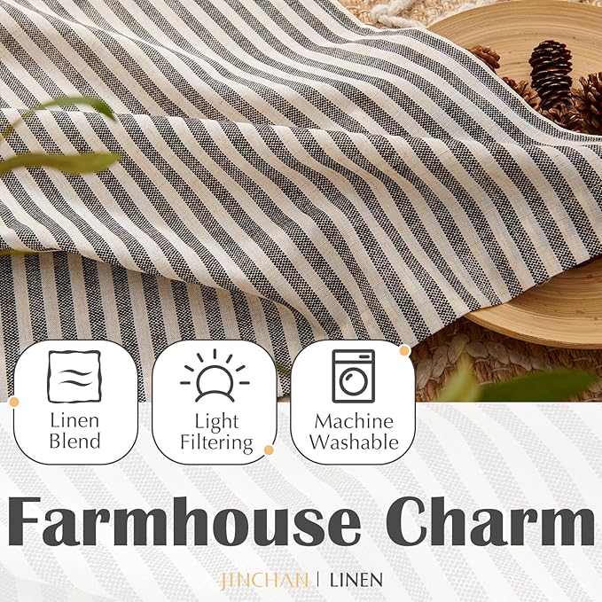 jinchan Striped Linen Kitchen Curtains 24 Inches Length Tier Curtains Farmhouse Modern Cafe Small Window Treatments Airy Light Filtering Rod Pocket for Living Room Bathroom 2 Panels Jet Black