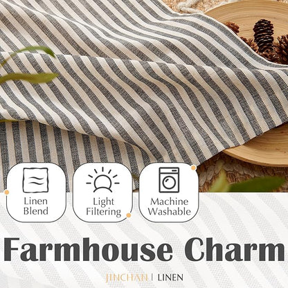 jinchan Striped Linen Kitchen Curtains 24 Inches Length Tier Curtains Farmhouse Modern Cafe Small Window Treatments Airy Light Filtering Rod Pocket for Living Room Bathroom 2 Panels Jet Black