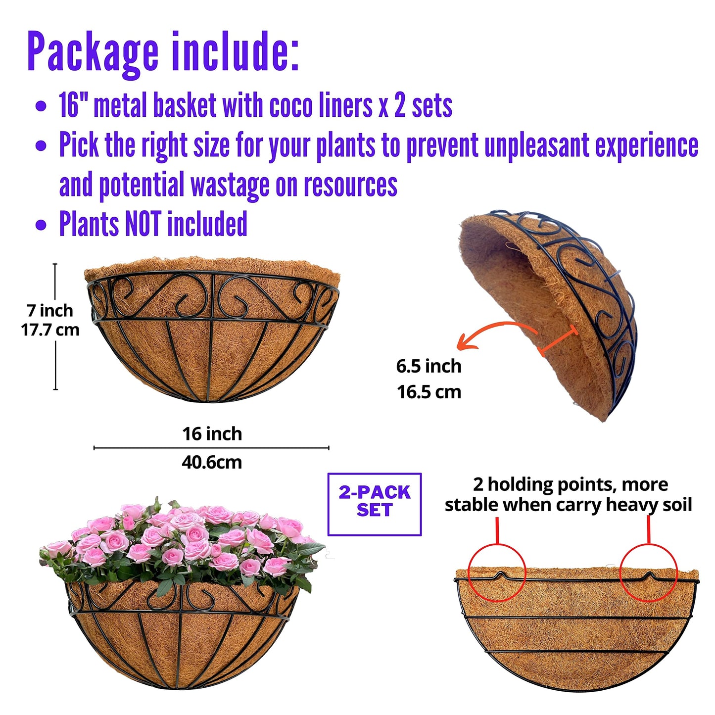 LaLaGreen 16 Inch Wall Hanging Planters - 2 Pack, Large Wall Mounted Flower Basket with Coco Liner, Black Metal Horse Trough Window Herb Pot Holder Outdoor Plants Fence Rail Railing Deck Porch Balcony
