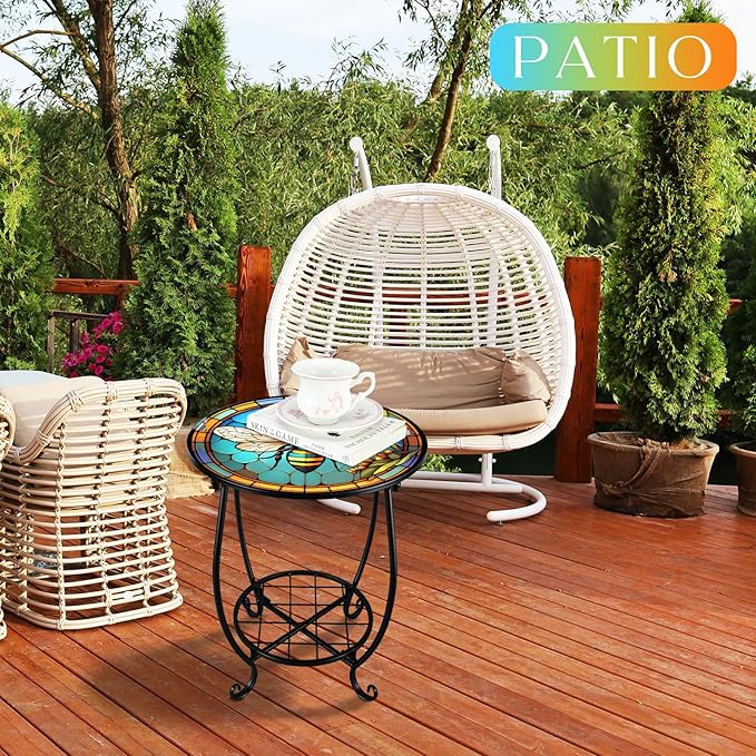 Cinnvoice Outdoor Side Table Round Small Mosaic Patio Accent Indoor End Plant