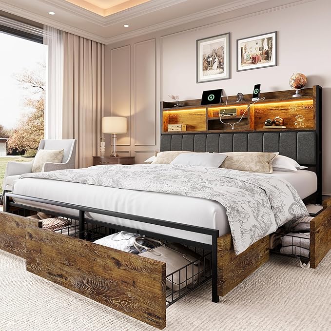LARMACE King Bed Frame with 6 Storage Drawers, Bed Frame King Size with Linen