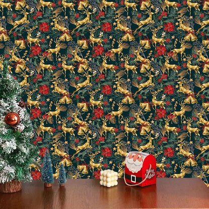 TOARTi Gold Elk Christmas Peel and Stick Wallpaper Dark Green Christmas Reindeer Contact Paper for Cabinets Drawer Xmas Self Adhesive Wallpaper for Winter Holiday Party Xmas Contact Paper