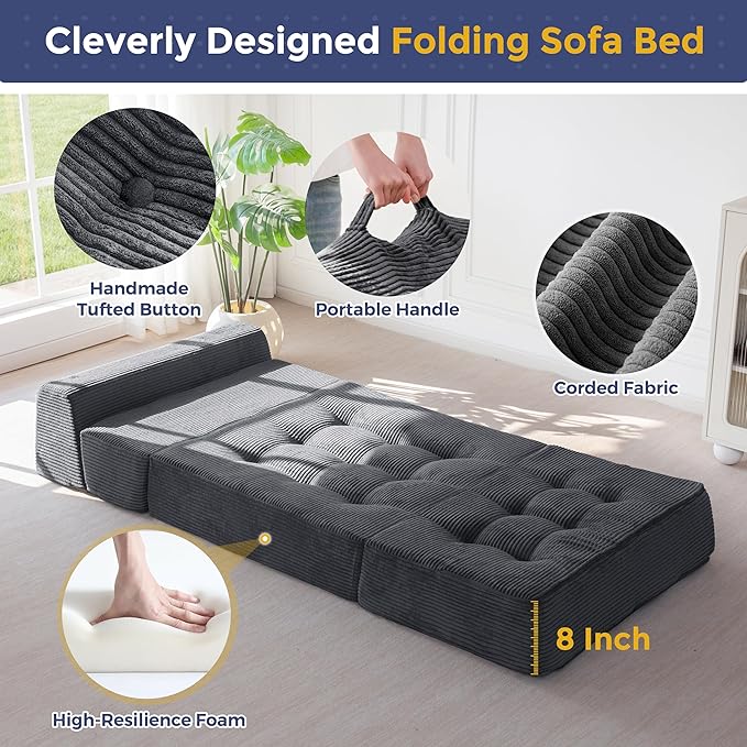 MAXYOYO 8" Folding Sofa Bed, Fold Out Chair Bed Sleeper Chair, Convertible