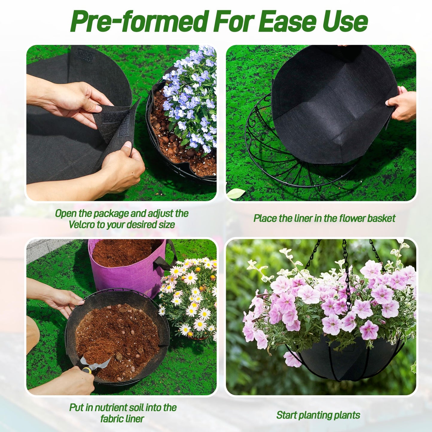 Sumloty 4 Pack 12 Inch Fabric Planter Basket Liner- Felt Flower Pot Liners Replacement Coco Fiber Liner for Hanging Basket Flowers Round Hanging Basket Liners Prevent Birds from Nesting