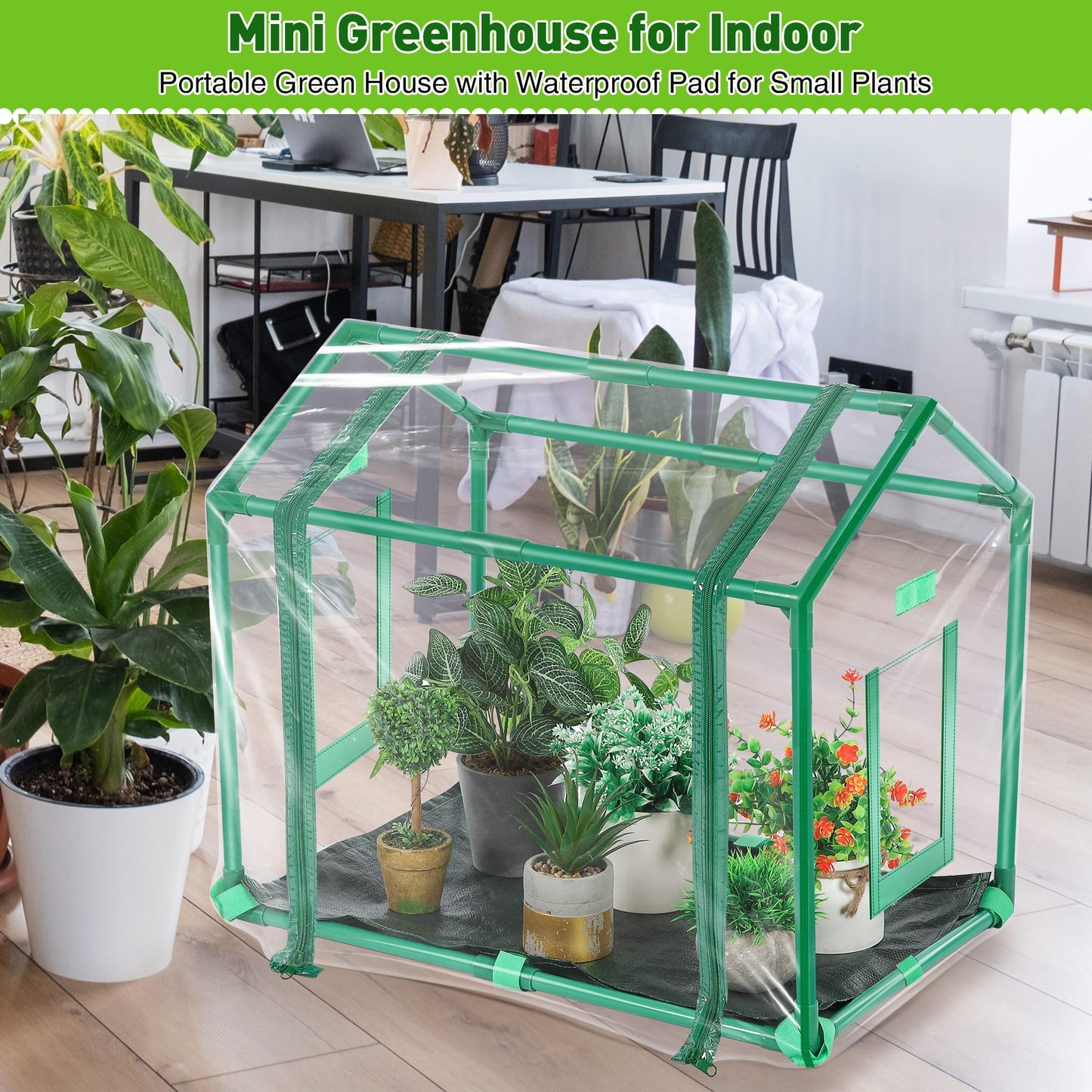 Mini Greenhouse with Potting Mat for Indoor Plant, Heavy Duty Portable Green House with Waterproof Pot Pad for Small Plants, Clear Small Plant Tent for Seed Humidity (Green)