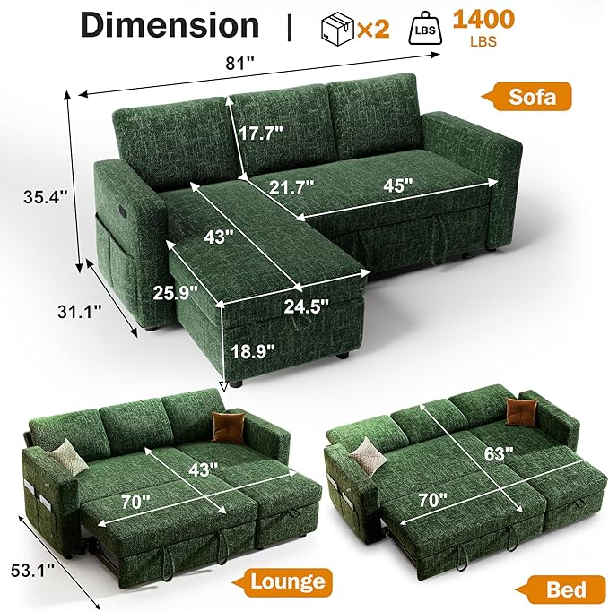Sunny Heart 82" L Shaped Sectional Sleeper Sofa Bed