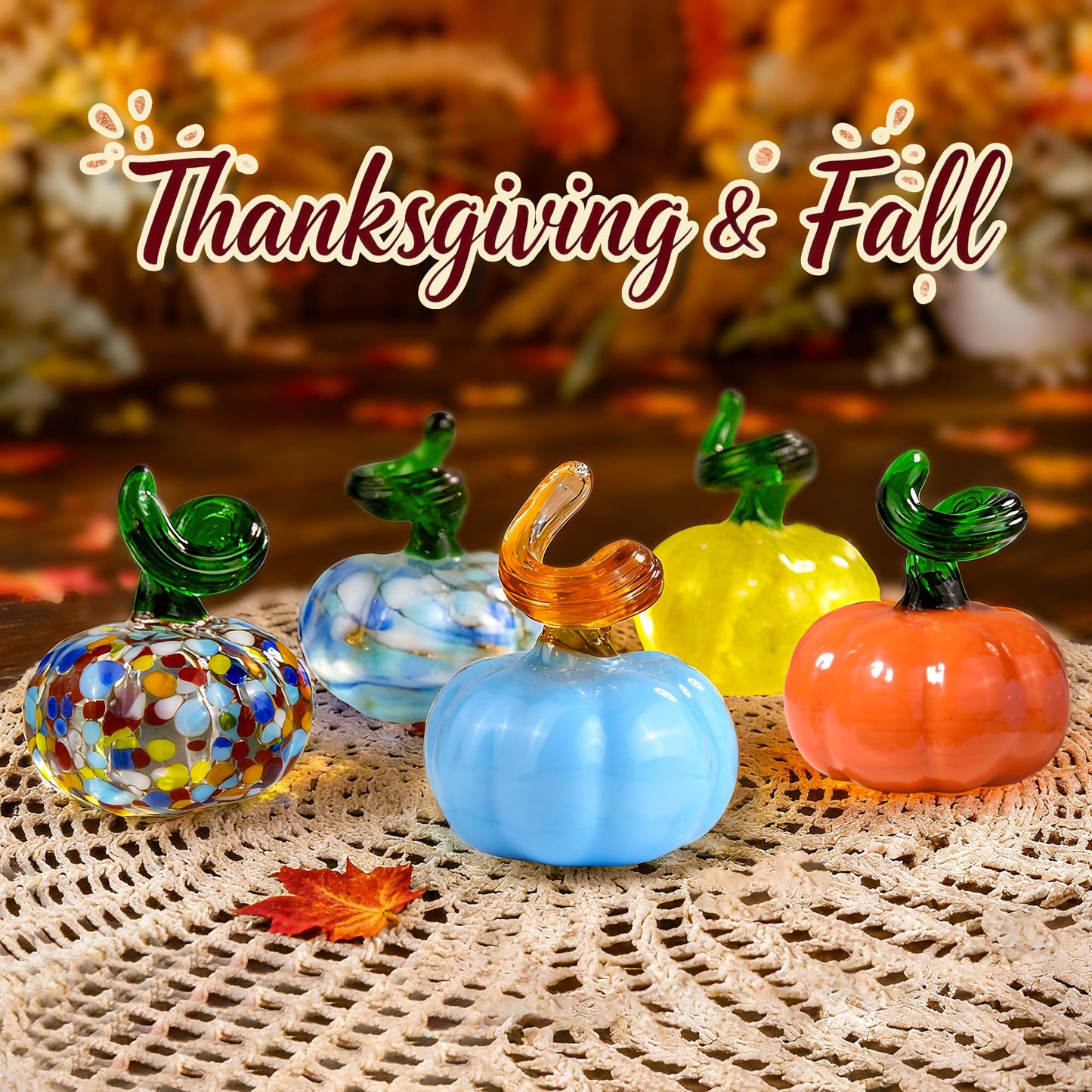 5pcs Blown Glass Pumpkin Figurines Collectibles, Small Crystal Glass Art Pumpkin Ornament for Halloween Thanksgiving Fall Home Decoration