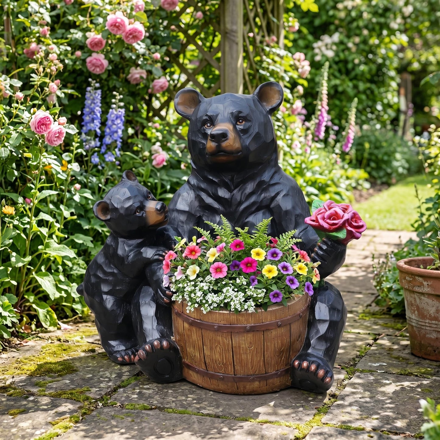 elesculor Black Bear Mother & Cub Garden Statue Planter, Resin Outdoor Flower Pot with Barrel Basket, Decorative Animal Planter for Patio, Yard, Lawn, Cabin Decor