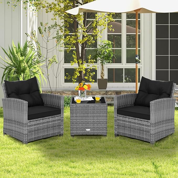 COSTWAY 3PCS Patio Furniture Set, PE Rattan Wicker Sofa w/Washable Cushion and