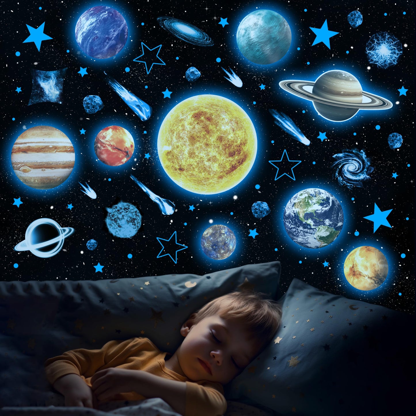 Glow in The Dark Stars and Planets for Ceiling, Robmoda Glow Solar System Wall Stickers, Space Wall Decals for Kids Boys Room (Blue)
