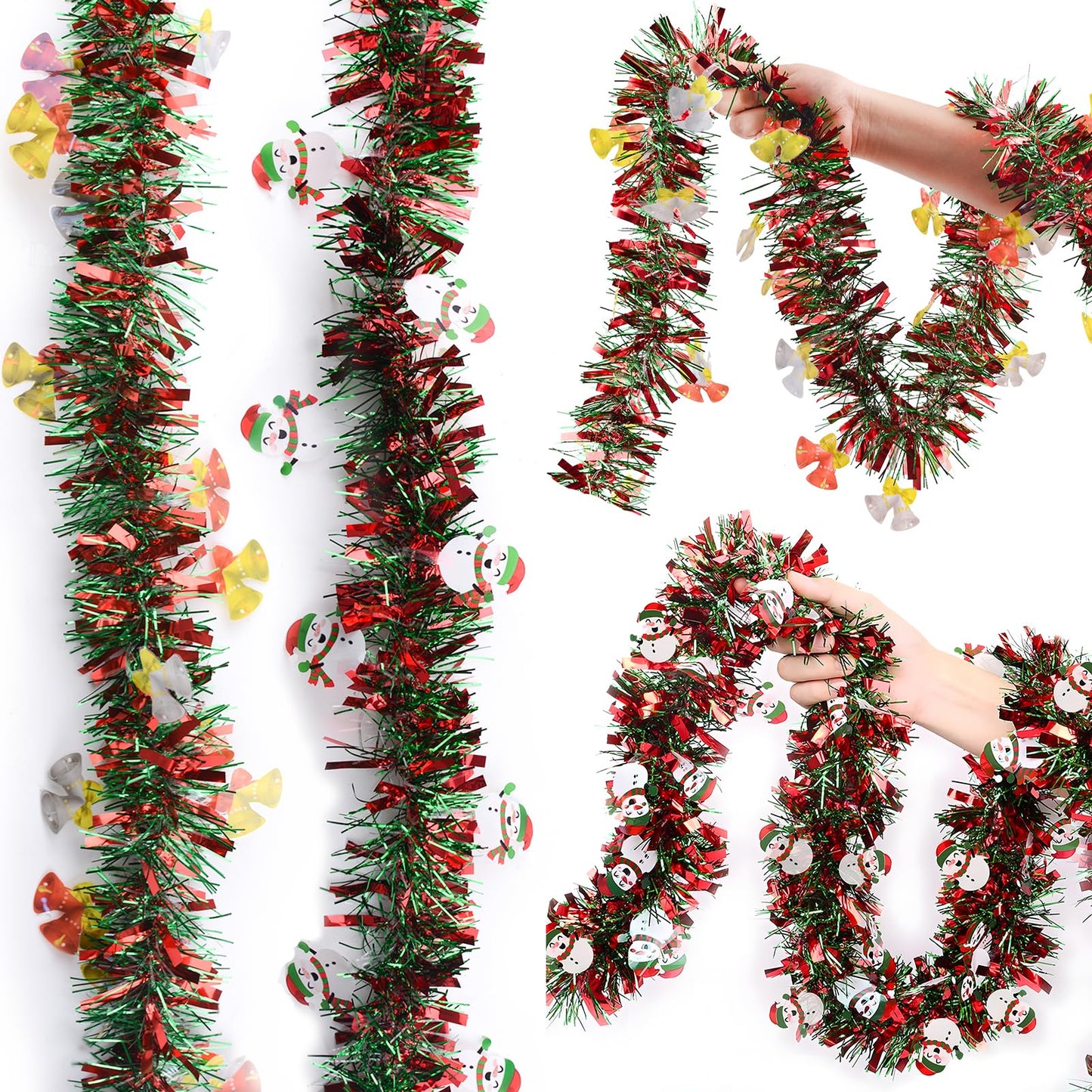 WANDIC 4Pcs 6.5Ft Christmas Garland, Snowman and Bell Christmas Tinsel Garland Indoor Decor Xmas Tree Staircase Railing New Year Holiday Home Decor
