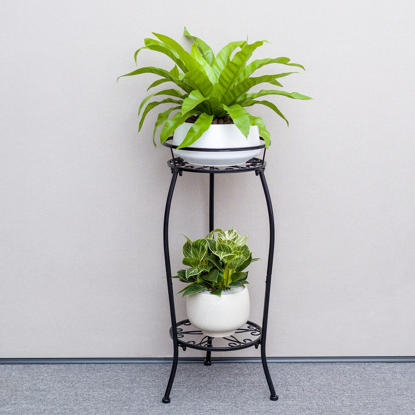 FaithLand 2 Tier Plant Stand and 2-Pack 9 Inch Self Watering Pots Bundle
