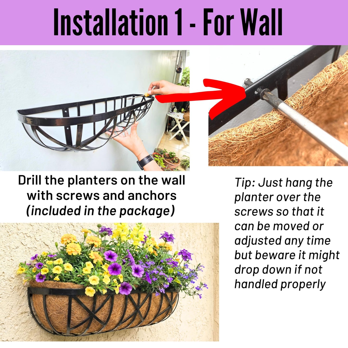 LaLaGreen Bundle- 2 Pack, 24 Inch Metal Planter with Coco Liner + 3 Pack, 11 Inch Self Watering Hanging Basket Plastic Flower Pot with Chain Outdoor Wall Mounted Balcony Fence Patio Porch Modern Decor