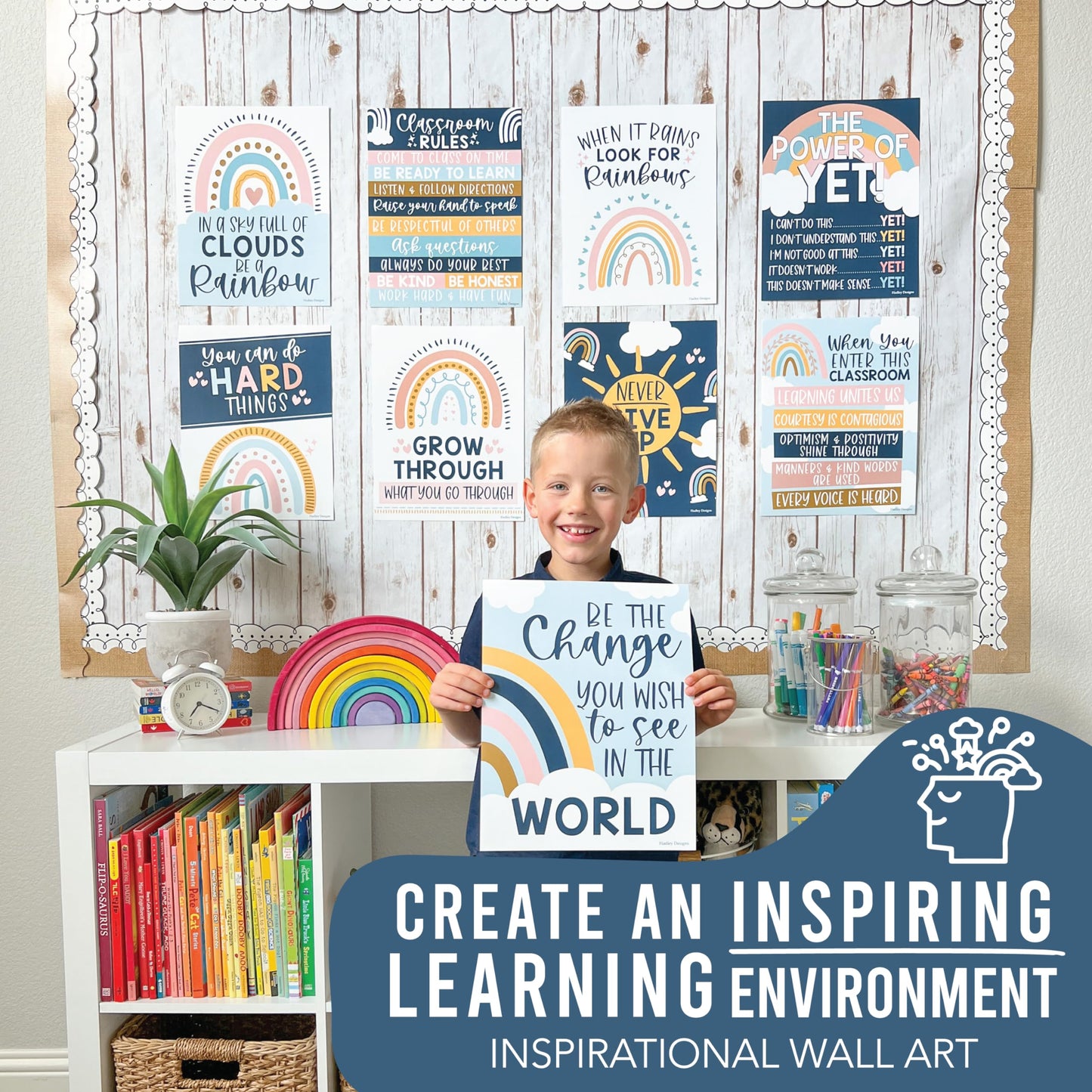 Hadley Designs Motivational Poster for Classroom Decor - 9 Growth Mindset Classroom Posters Elementary, Inspirational Wall Decor Middle School, Teacher Must Haves, Boho Bulletin Board Decorations