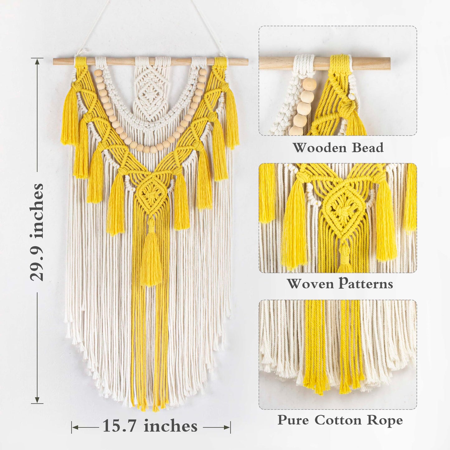 HVEST Yellow Macrame Wall Hanging Boho Wall Decor Handmade Woven Tapestry for Bedroom Living Room Dorm Nursery Bathroom Home Modern Decor Artwork, 29.9L X 15.7W inches
