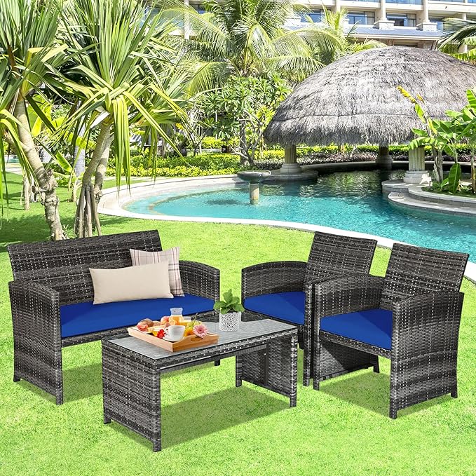 Goplus 4-Piece Rattan Patio Furniture Set, Outdoor Wicker Conversation Sofa