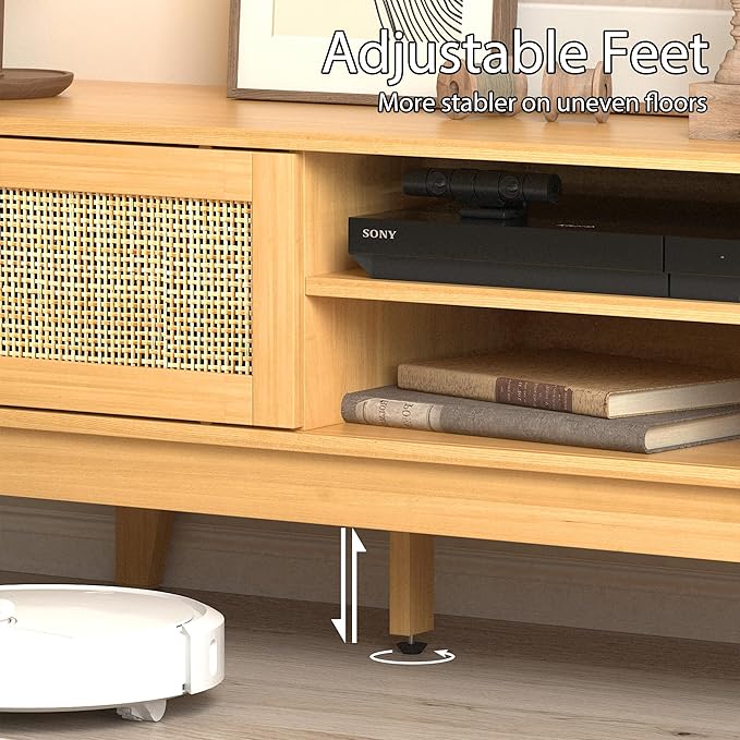 Boho TV Stand for 55 65 Inch TV, Rattan Entertainment Center