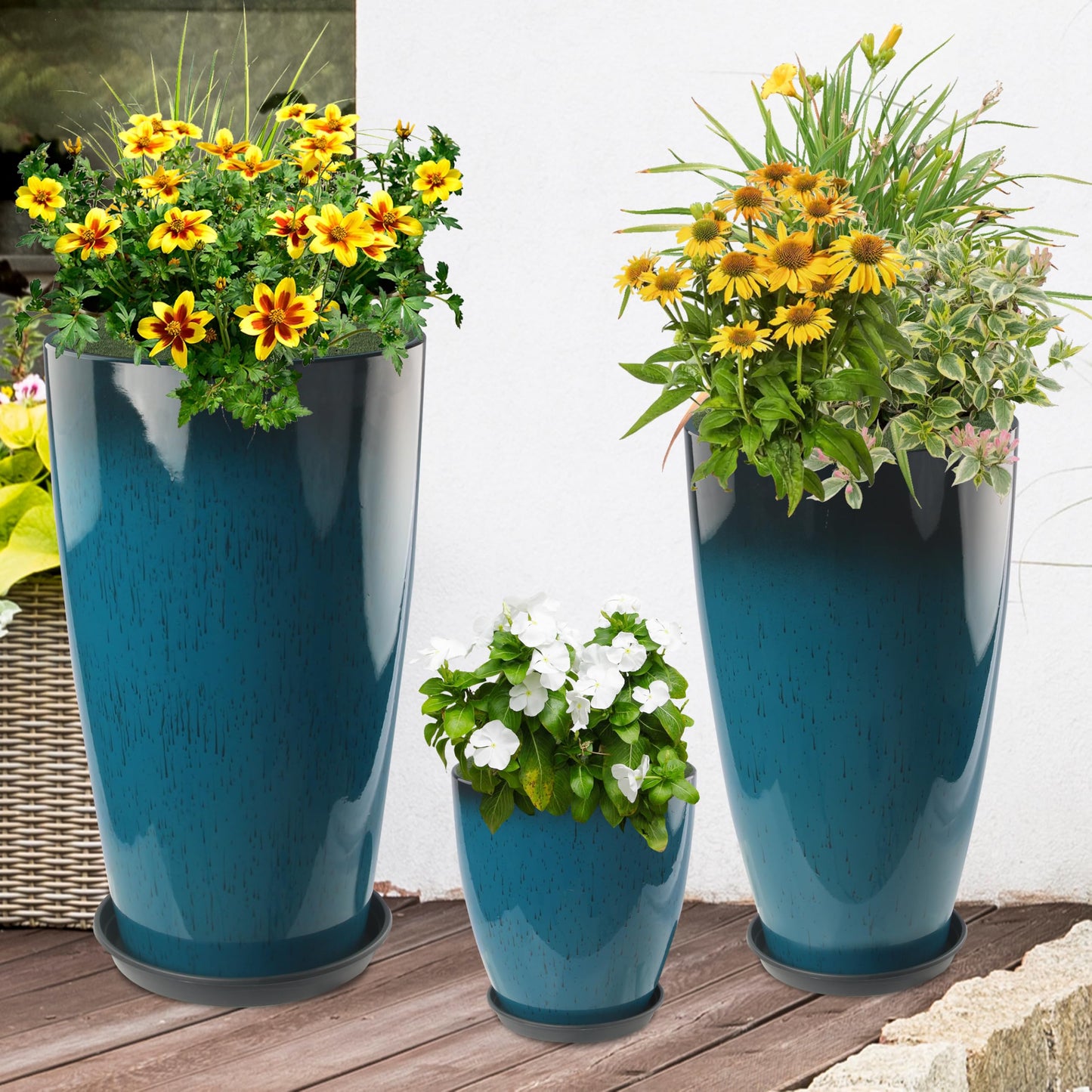 Goldshire 24-21-11 Inch Tall Planters Set of 3, Indoor Outdoor Blue Glossy Round Planter with Drainage Hole and Saucer, Large Decorative Plant Pots for Home Garden Porch (Blue)