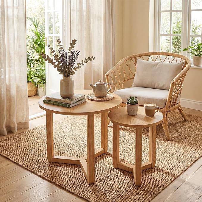 Tangkula Round Nesting Coffee Table Set of 2, Farmhouse End Tables