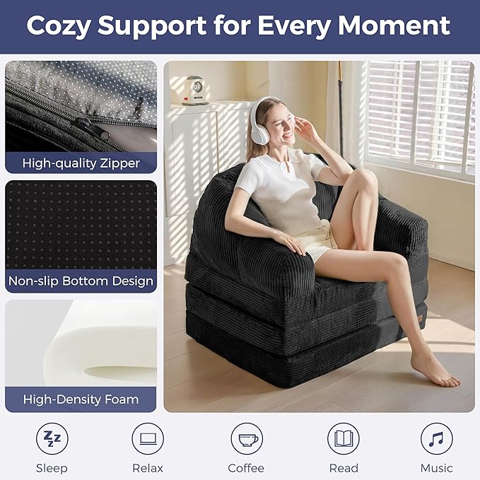 MAXYOYO Folding Sofa Bed with Backrest, Boneless Fold Out Couch Bed with Handle
