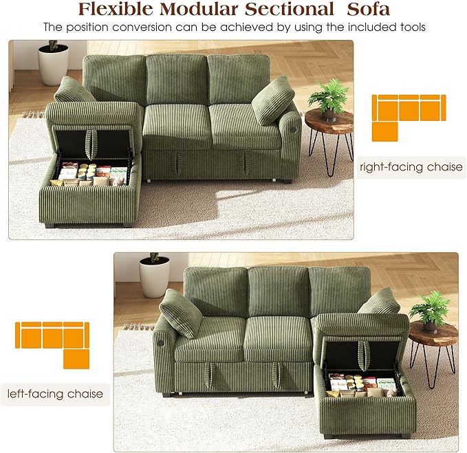 Ihanherry 81-inch Corduroy Modular Sectional Sofa Bed