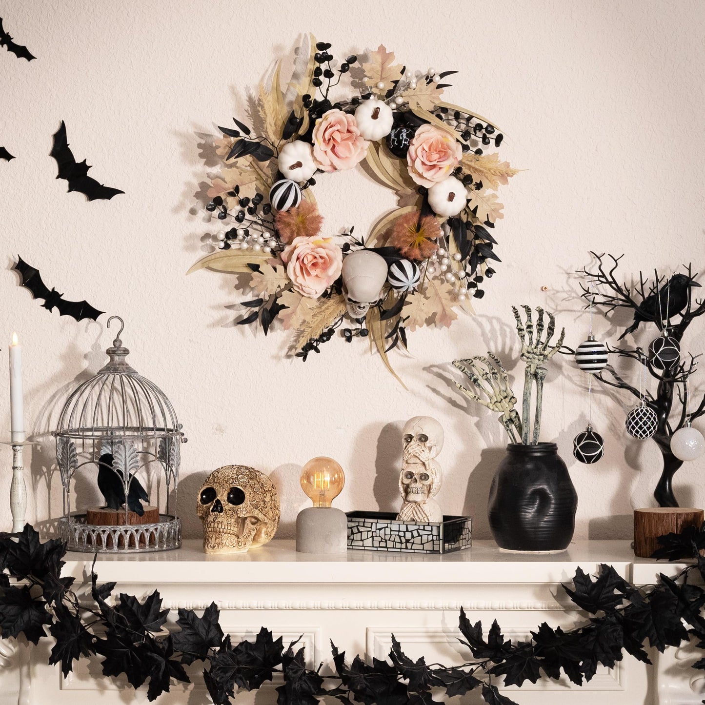 Valery Madelyn 18 Inch Halloween Wreath for Front Door with Lights, Pre-Lit Fall White Pumpkin Skull Wreath Pink Roses Halloween Decorations for Home Porch Table Centerpiece Party Holiday Autumn Decor