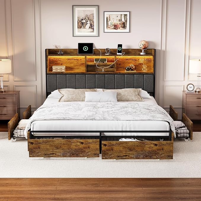 LARMACE King Bed Frame with 6 Storage Drawers, Bed Frame King Size with Linen