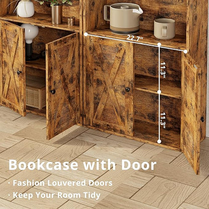 IRONCK Industrial Bookshelves and Bookcases with Doors Floor Standing 6 Shelf Display Storage Shelves 70 in Tall Bookcase for Home Office, Living Room