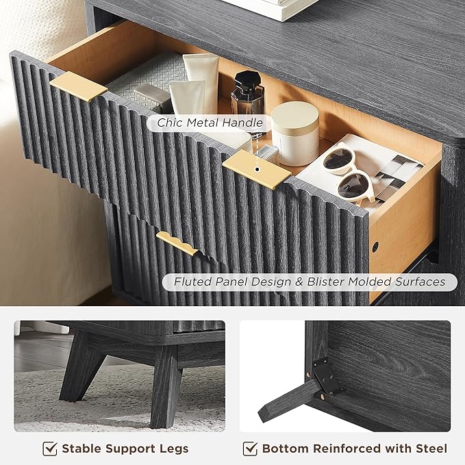 T4TREAM Fluted 3 Drawers Nightstand Set of 2, Oversized Extra Large Modern Side