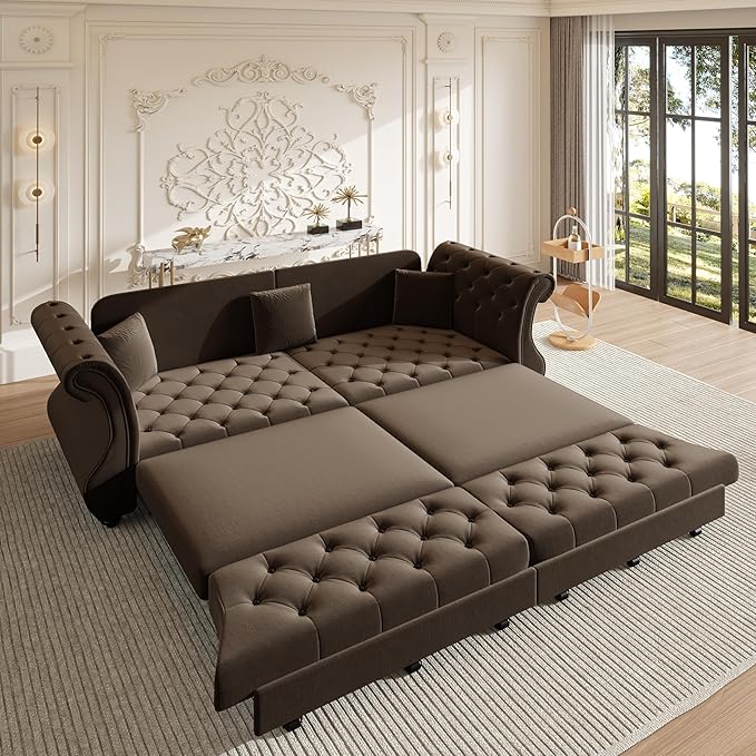 97.6" Oversized Pull Out Sofa Bed, Chesterfield Velvet Sleeper Sofa Couch