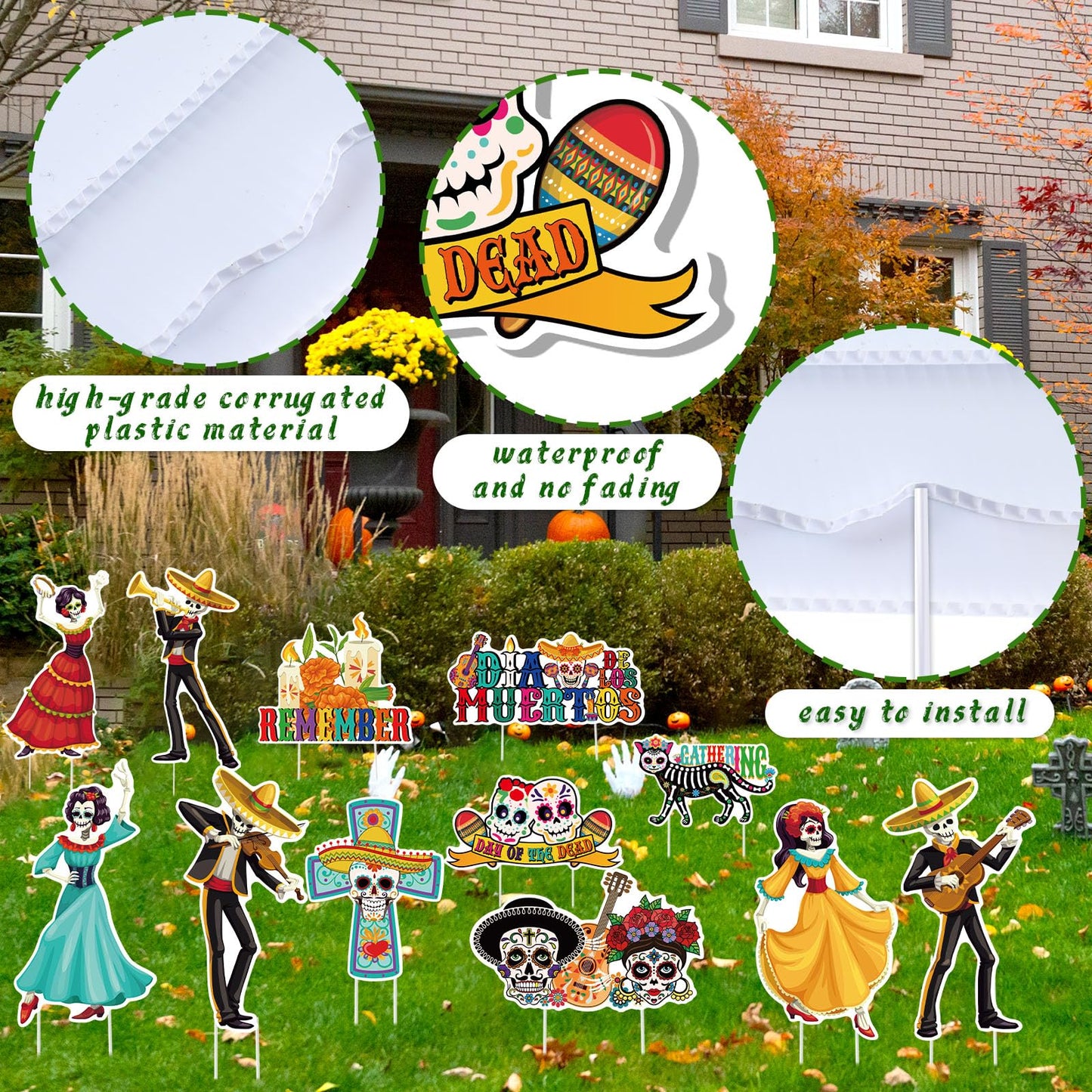 Amyhill 12 Pcs Day of the Dead Yard Decorations Halloween Outdoor Signs Decorations Dia De Los Muertos Decor Sugar Skull Sign Waterproof Mexican Fiesta Festival Party Supplies for Garden Lawn Patio