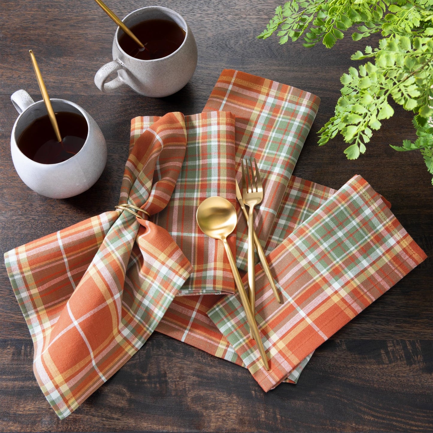 Elrene Home Fashions Hawley Plaid Fall/Harvest Thanksgiving Woven Cotton Dinner Napkins, 17"x17", Set of 8