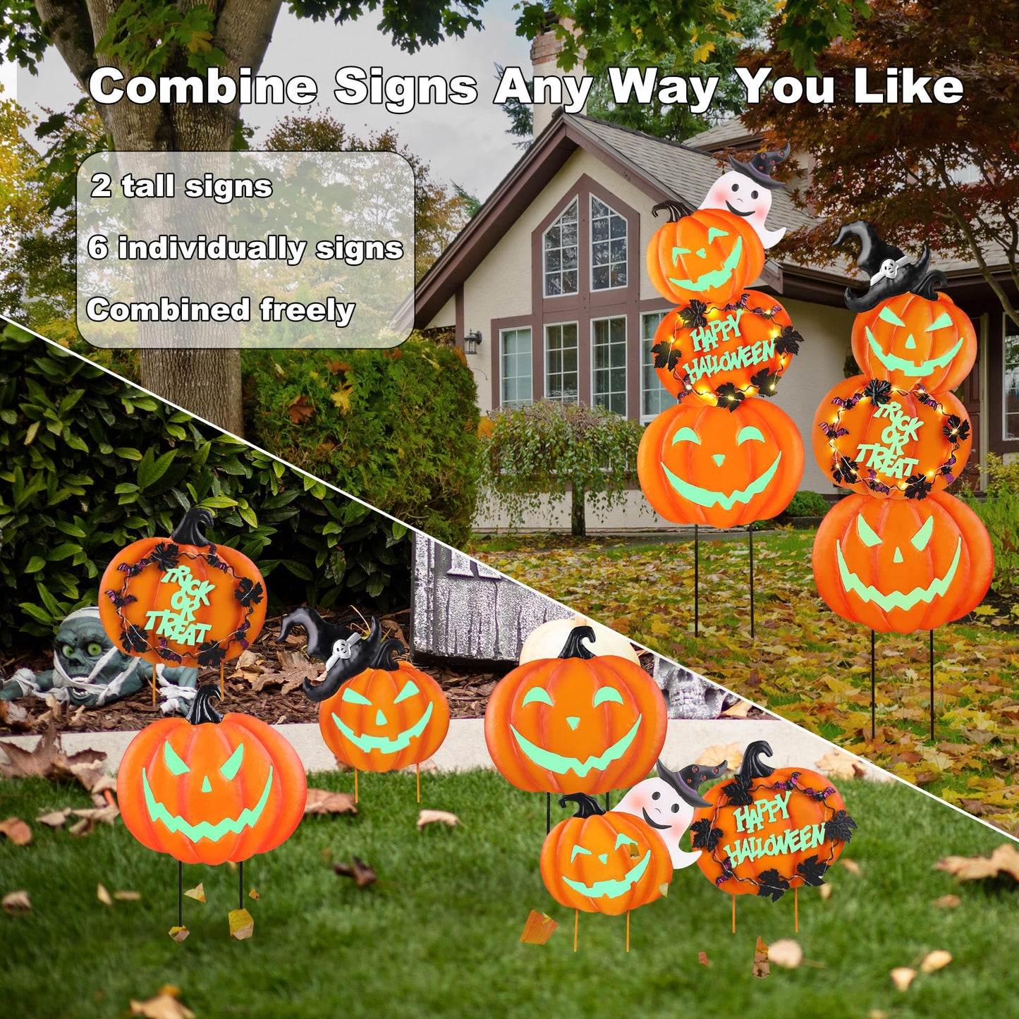 Fovths 6 Pieces 38.2 Inch Metal Halloween Pumpkins Yard Signs with Stakes Waterproof Solar String Lights Pumpkin Ghost Witches Hat Stakes for Halloween Theme Party Outdoor Garden Lawn Decor