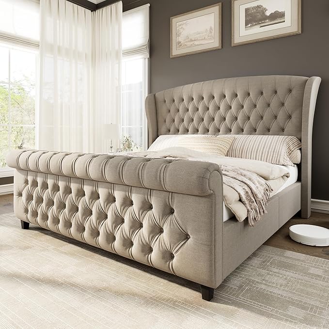AMERLIFE King Size Platform Bed Frame, Linen Upholstered Sleigh Bed