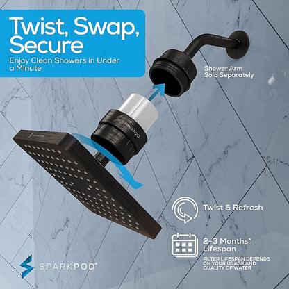 SparkPod 23-Stage Filtered Shower Head, 8" Square, Oil-Rubbed Bronze | Filtered Shower Head for Hard Water Filter, High Pressure, Reduces Chlorine, Heavy Metals, For Dry Skin & Hair