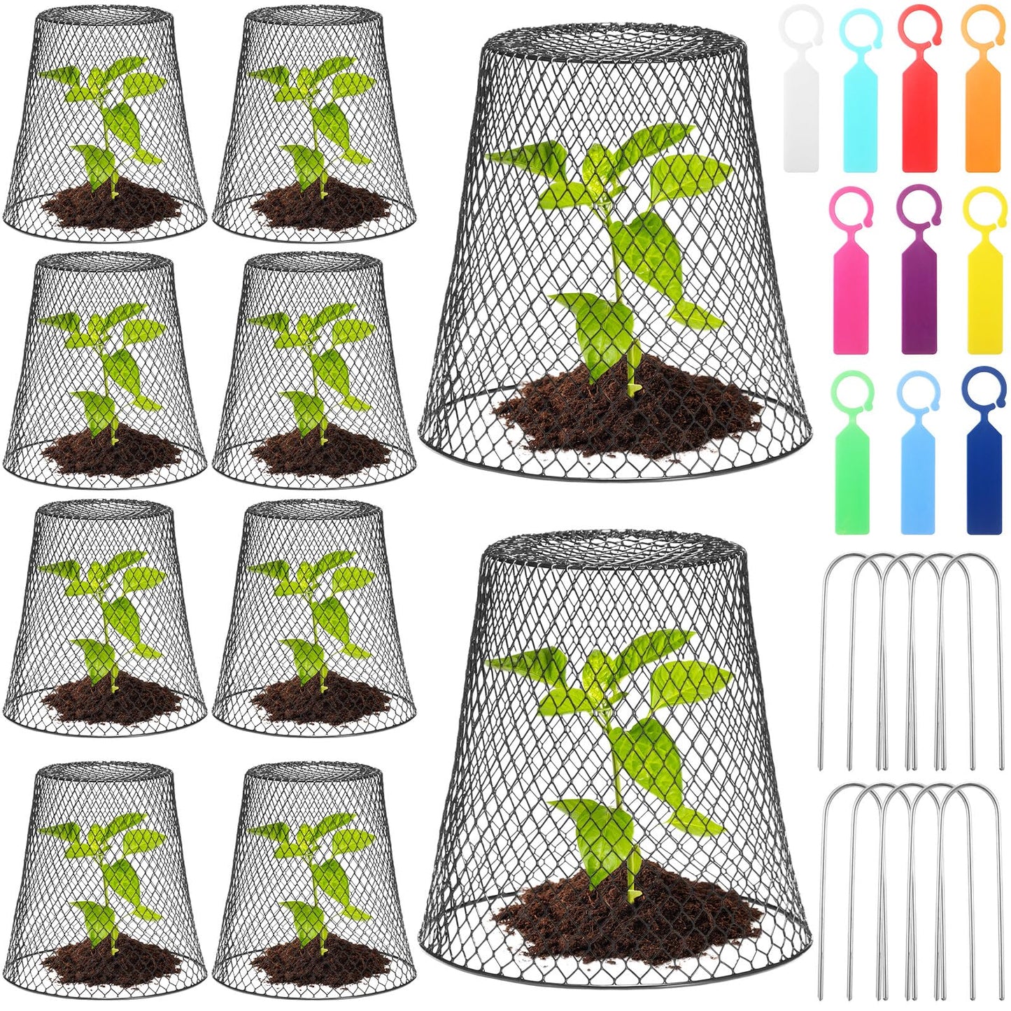 Geosar 10 Pcs 9 inch Chicken Wire Cloche Plant Protector Cover Metal Garden Cloche Dome for Plants Chicken Wire Protection Basket with Garden Stakes for Avoiding Rabbit Bird Small Animals Eat (Black)