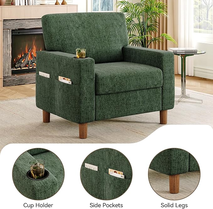 Mid Century Modern Accent Chair, Chenille Comfy Living Room Arm Chairs
