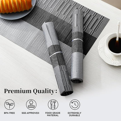 Leetaltree Grey with White Striped Placemats Set of 4 - Heat Resistant Non-Slip Place mats for Dining Table, Washable Durable PVC Vinyl Woven Table Mats（Grey Stripe, 4）