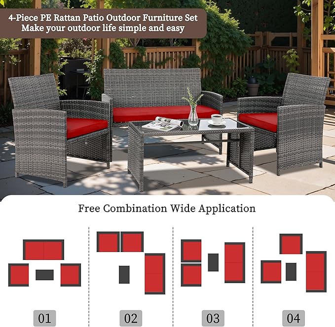 4 Piece Patio Ratten Set Outdoor Furniture Set Wicker Conversation Set