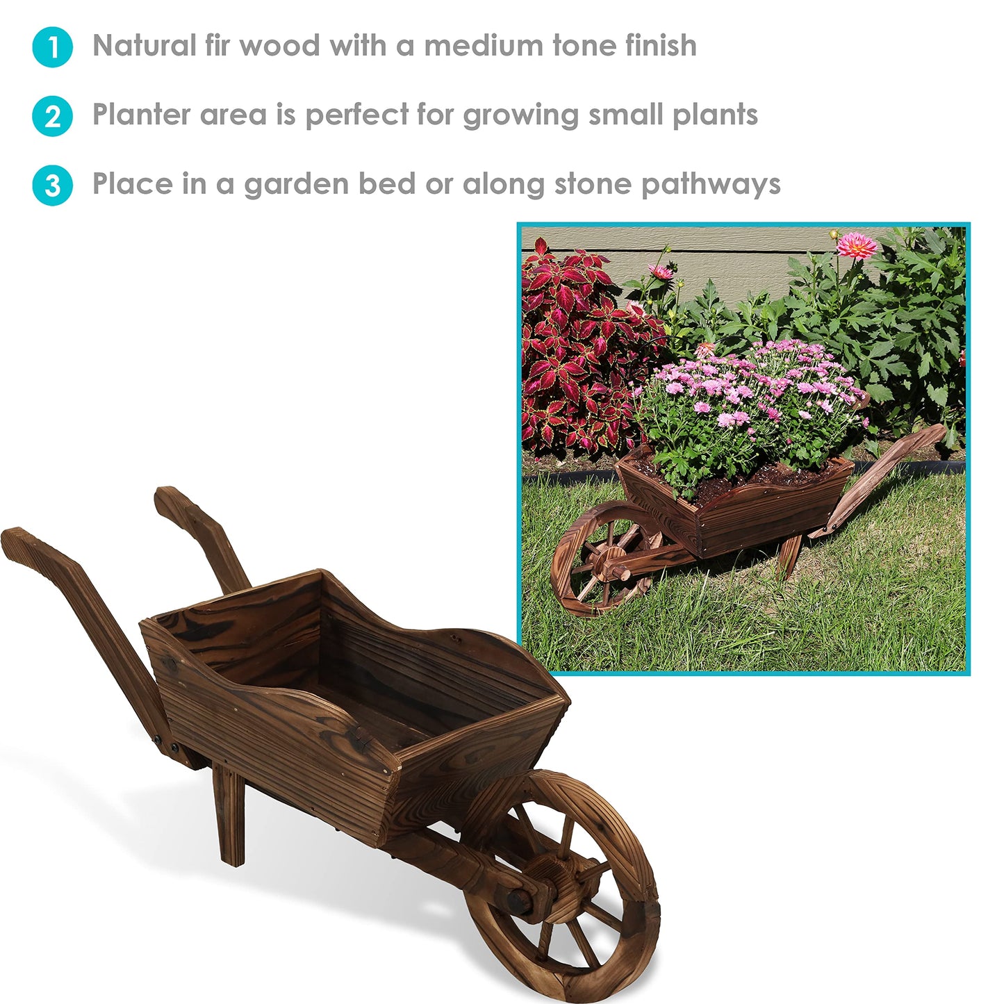 Sunnydaze Outdoor Wooden Decorative Wheelbarrow Planter - for Indoor or Outdoor Use - 35" W x 10.25" D x 12" H - Brown