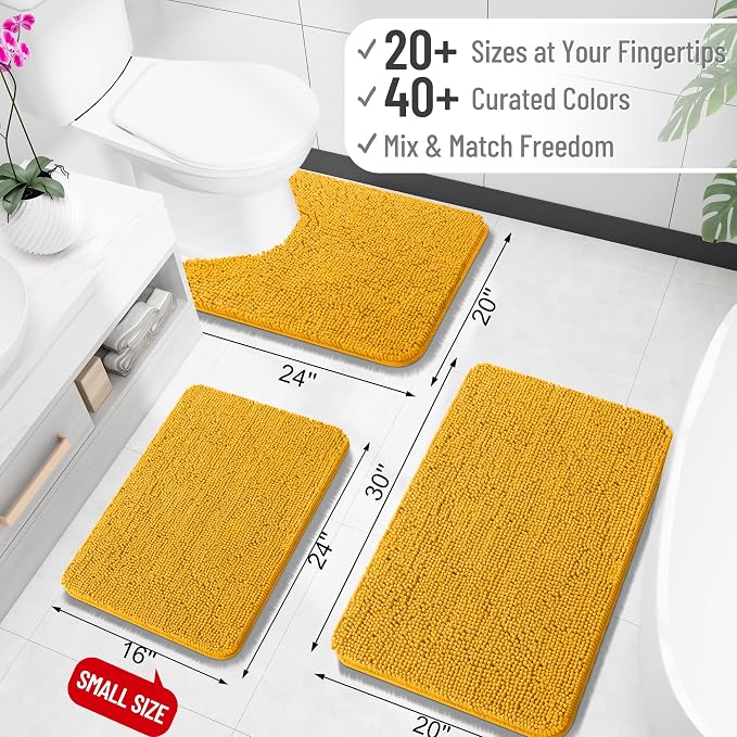 OLANLY Large Bathroom Rugs 45x27, Soft Absorbent Chenille Bath Rugs, Rubber Backing Quick Dry, Machine Washable Bath Mats for Bathroom Floor, Tub and Shower, Home Decor Accessories, Golden Yellow