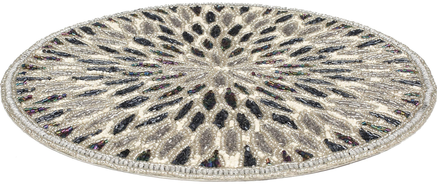Beaded Charger 13" Round Floral Marigold - Silver Dark Grey Placemat for Dining Table, Holiday & Christmas