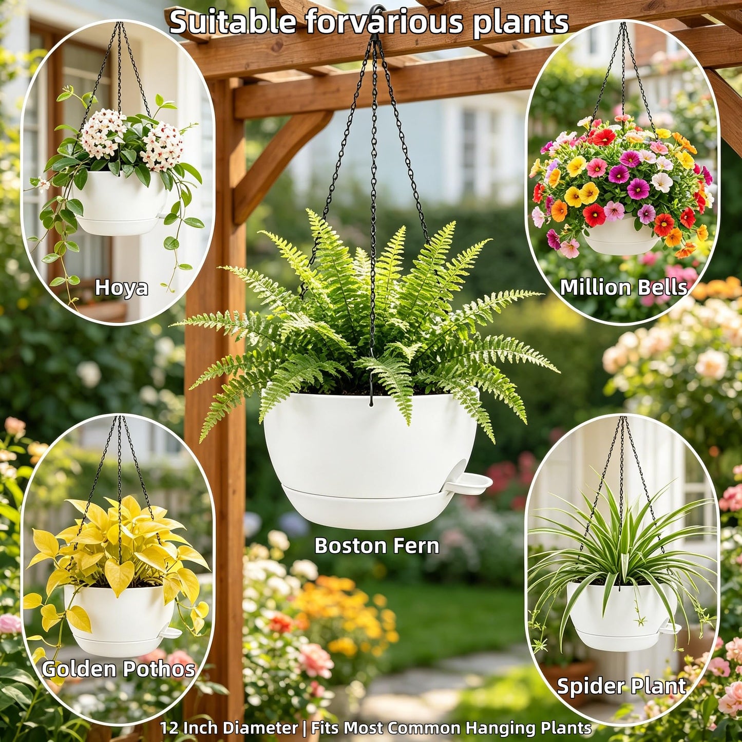 zople 2 Pack 12 Inch Self Watering Hanging Planters for Indoor Plants, Large White Plastic Hanging Pots with Chains for Outdoor Patio Garden Home Decor White