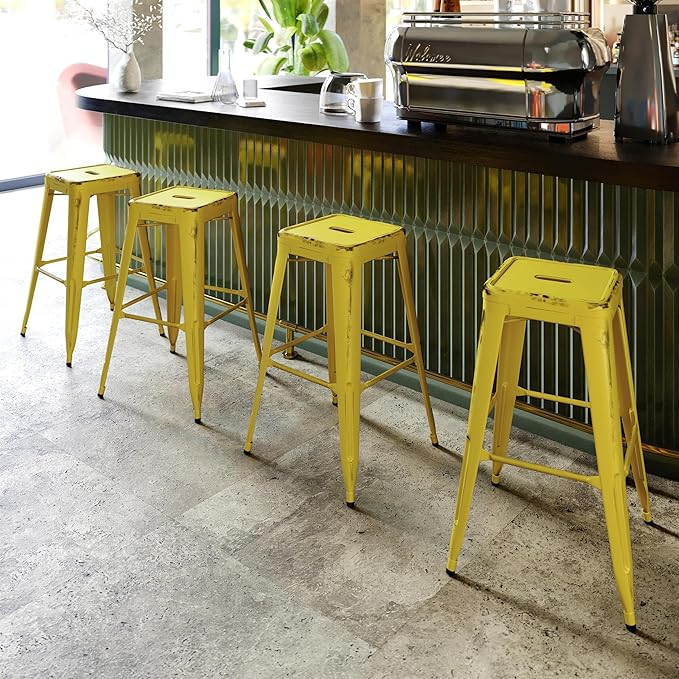 Flash Furniture Kai Commercial Grade 30" High Backless Distressed Yellow Metal