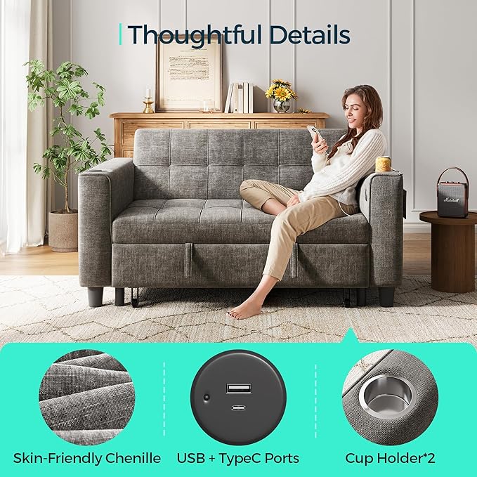LINSY 54" Pull Out Couch with Charging Station, Small Sleeper Sofa Bed with Cup