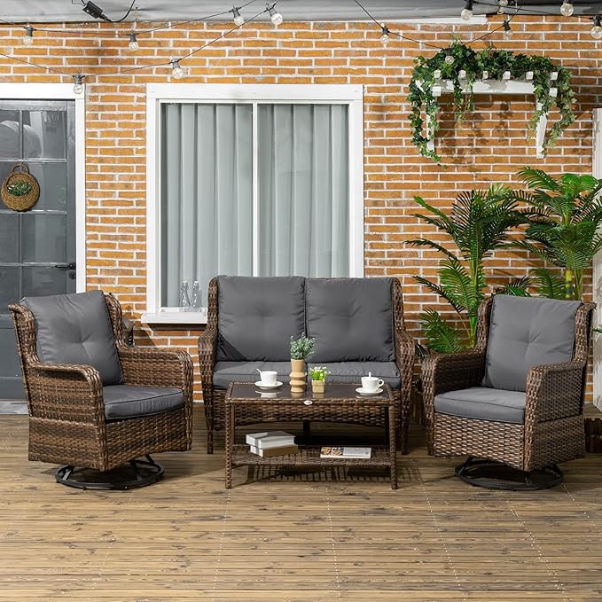 Outsunny 4 Piece PE Rattan Outdoor Patio Furniture Set, Wicker Conversation Set
