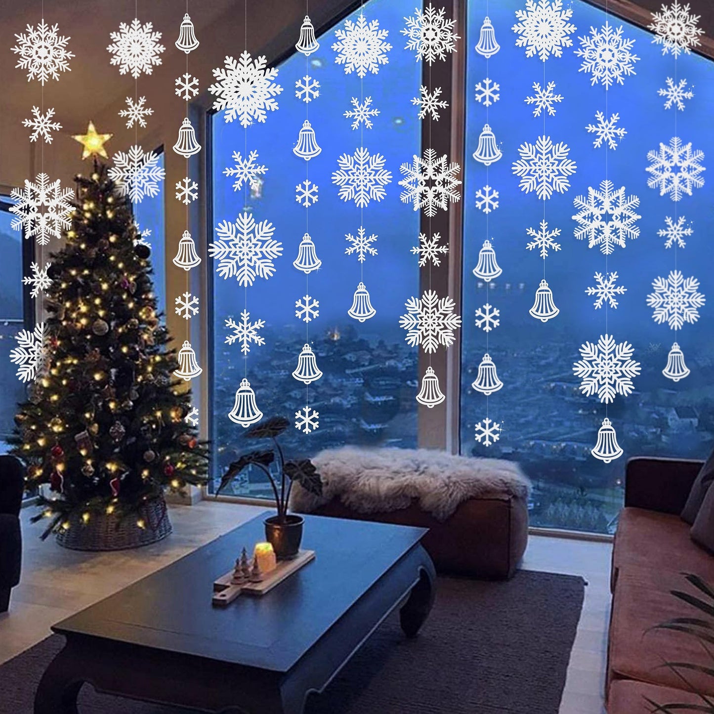 40Ft White Snowflakes Bell Garland Glitter Paper Big Snowflakes Hanging Streamer Backdrop for Winter Wonderland Christmas Holiday Birthday Home Window Wall Room Decor