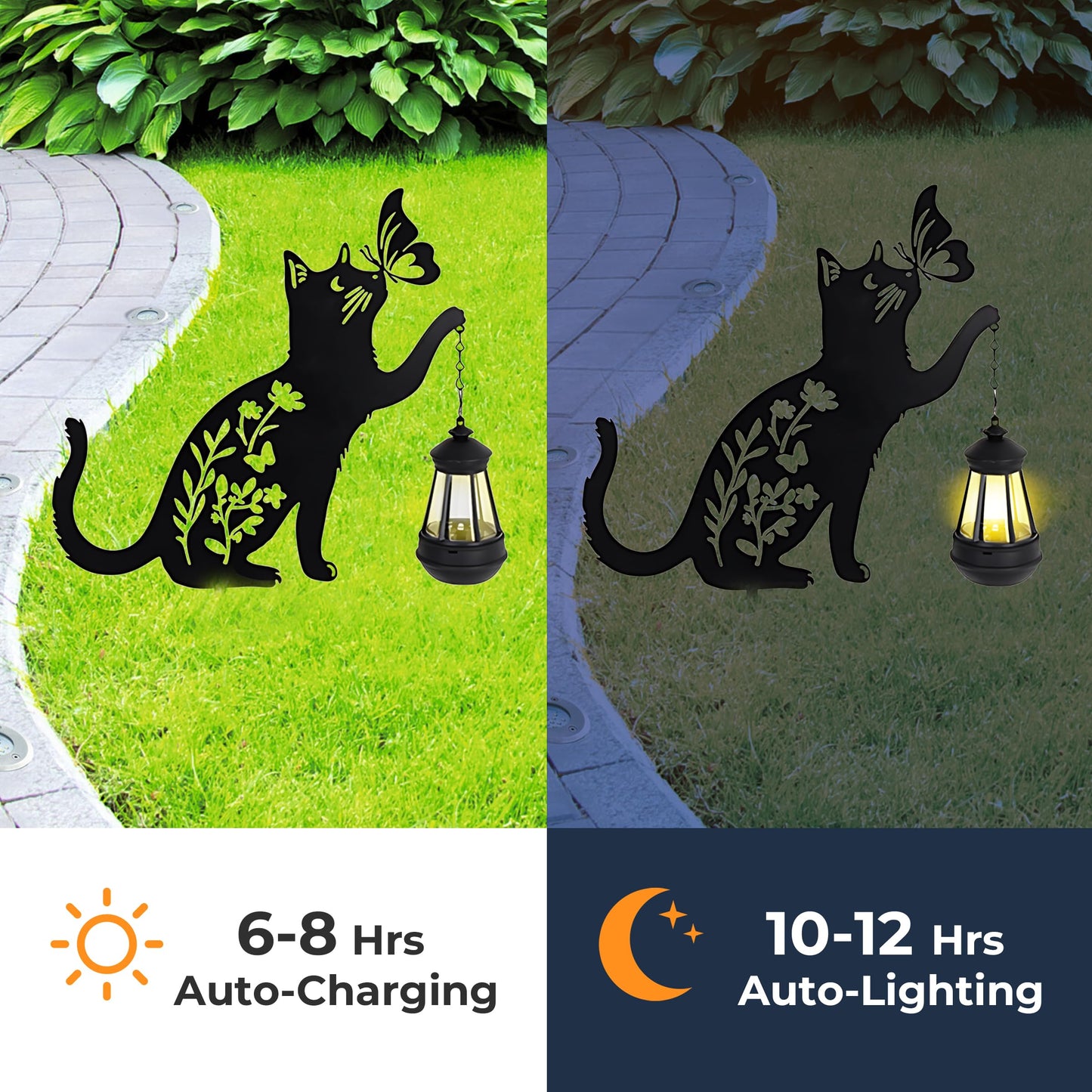 Cat Solar Lights Outdoor Garden, 2 pcs Lantern Stakes Decorative Black Ornament with Butterfly,Metal Garden Decor Art for Outside Lawn Yard Patio, Cat Yard Art Gifts for Halloween,Christmas