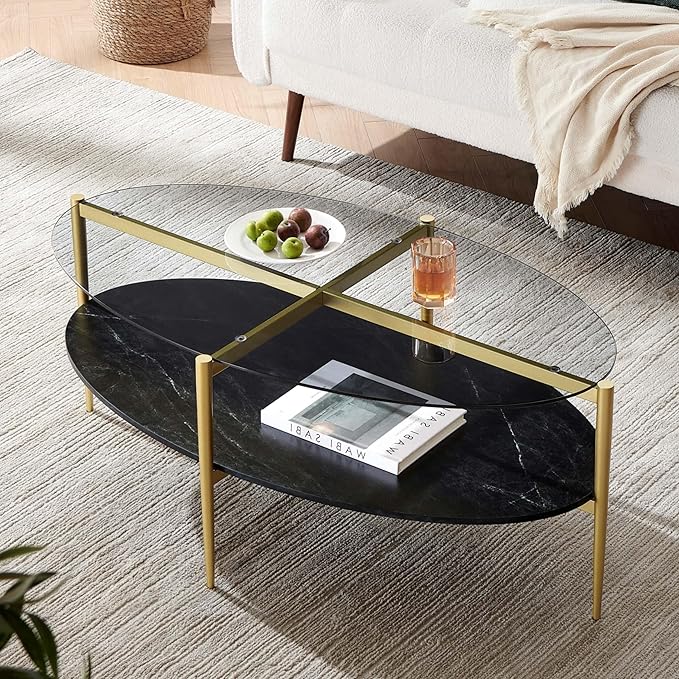 LumFurn Oval Glass Coffee Table, Mid-Century Modern Design, L43 x W22 x H17 inch